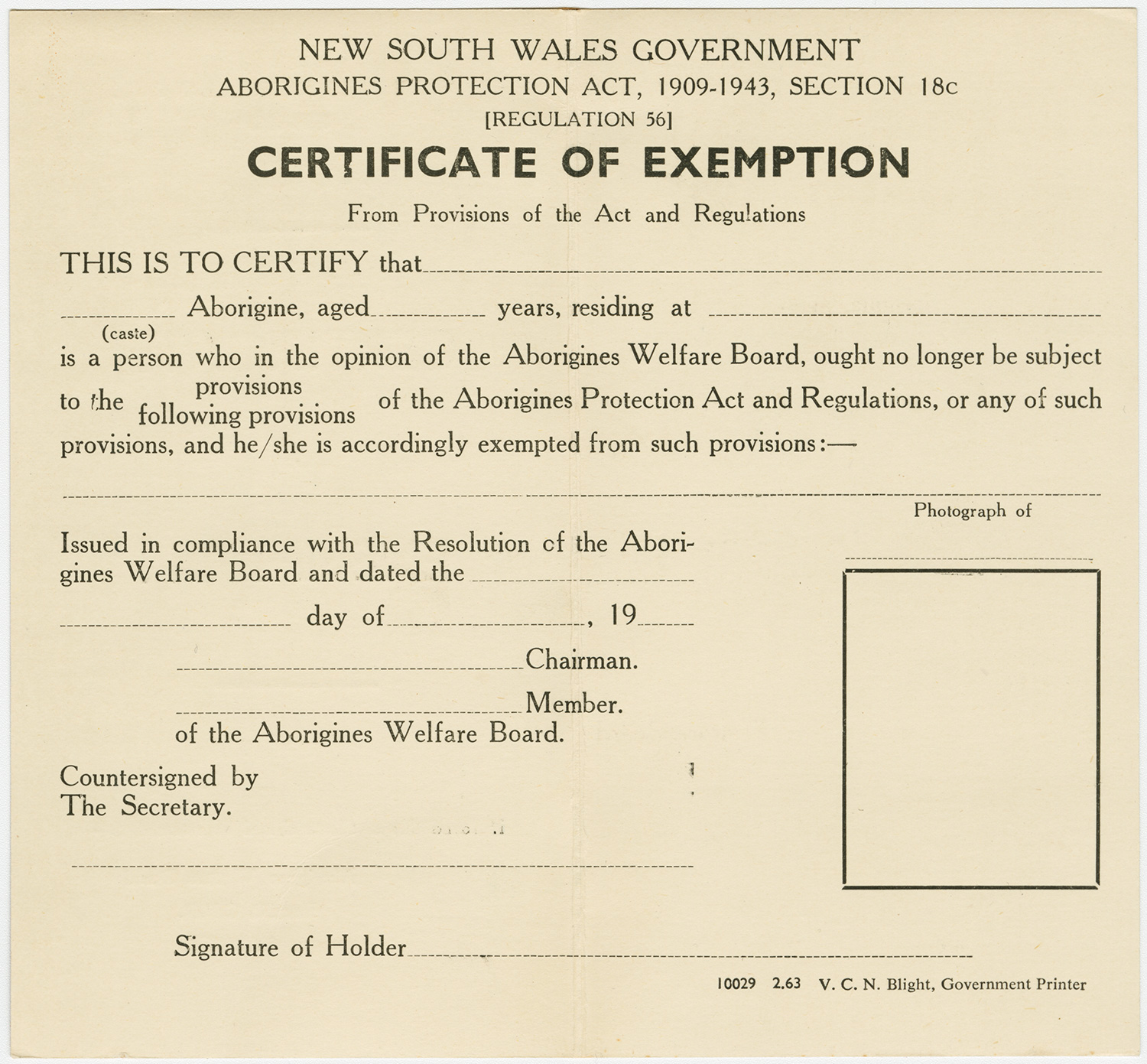 Certificate of Exemption - Acknowledgement to NSW State Archives as the source: Aborigines Welfare Board*; Exemption Certificate (blank), nd [8/3275.2] - The State of New South Wales is the copyright holder for this item